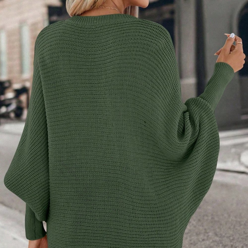 Green Casual Womens Solid Batwing Sleeve V Neck Sweater - Picture 2 of 5